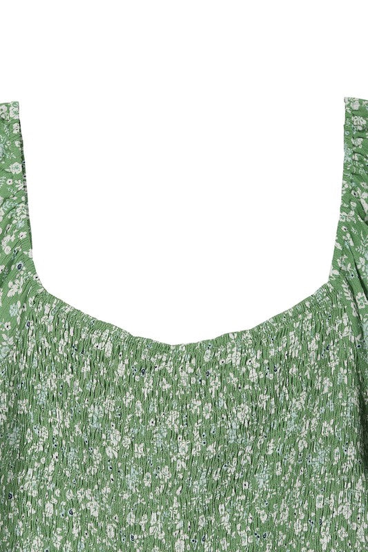 LILOU Green Floral Puffed-sleeves Smocked Top