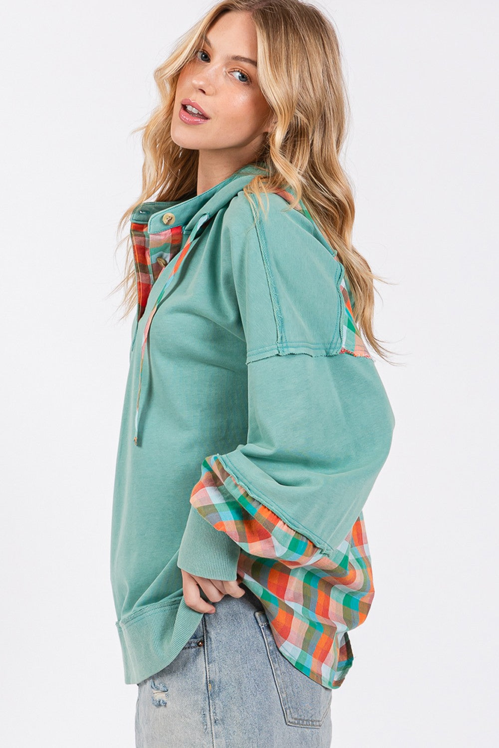 SAGE + FIG Eucalyptus Full Size Plaid Print Washed Hoodie