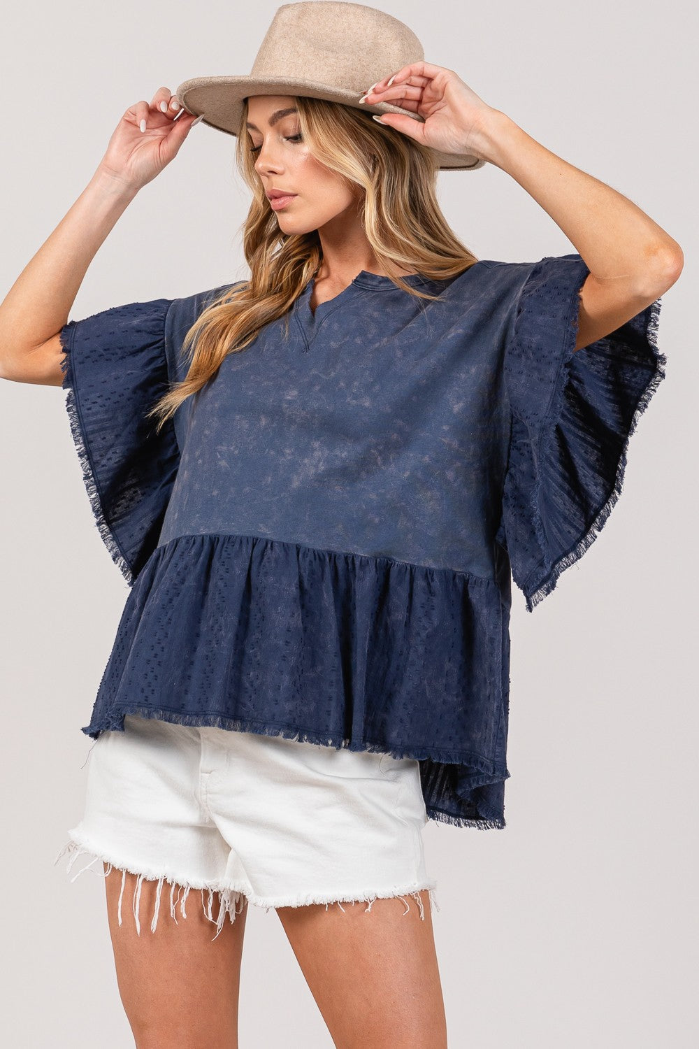 SAGE + FIG Ruffle Sleeve Washed Short Sleeve Top