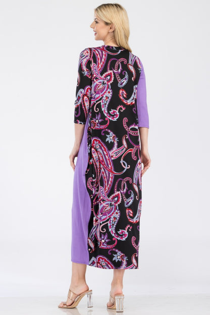 CELESTE Full Size Lilac Paisley Contrast Midi Dress with Pockets