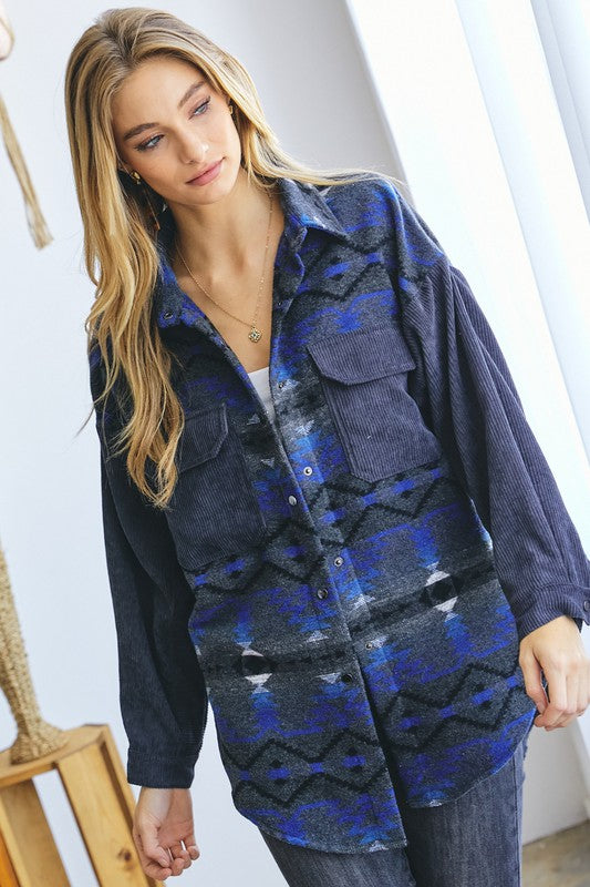 DAVI & DANI Plus Printed Button Down Long Sleeve Jacket