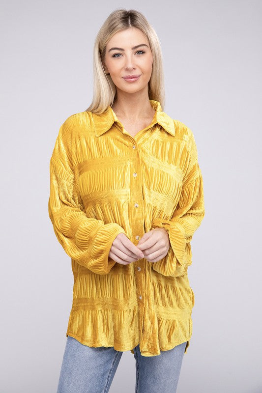 BiBi Wrinkle Effect Tiered Shirring Velvet Shirt