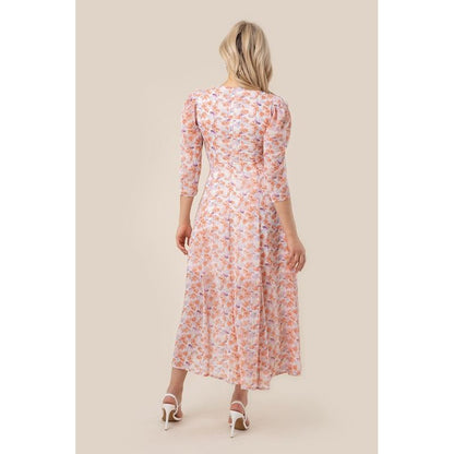 LILOU Floral Chiffon V-neckline Maxi Dress