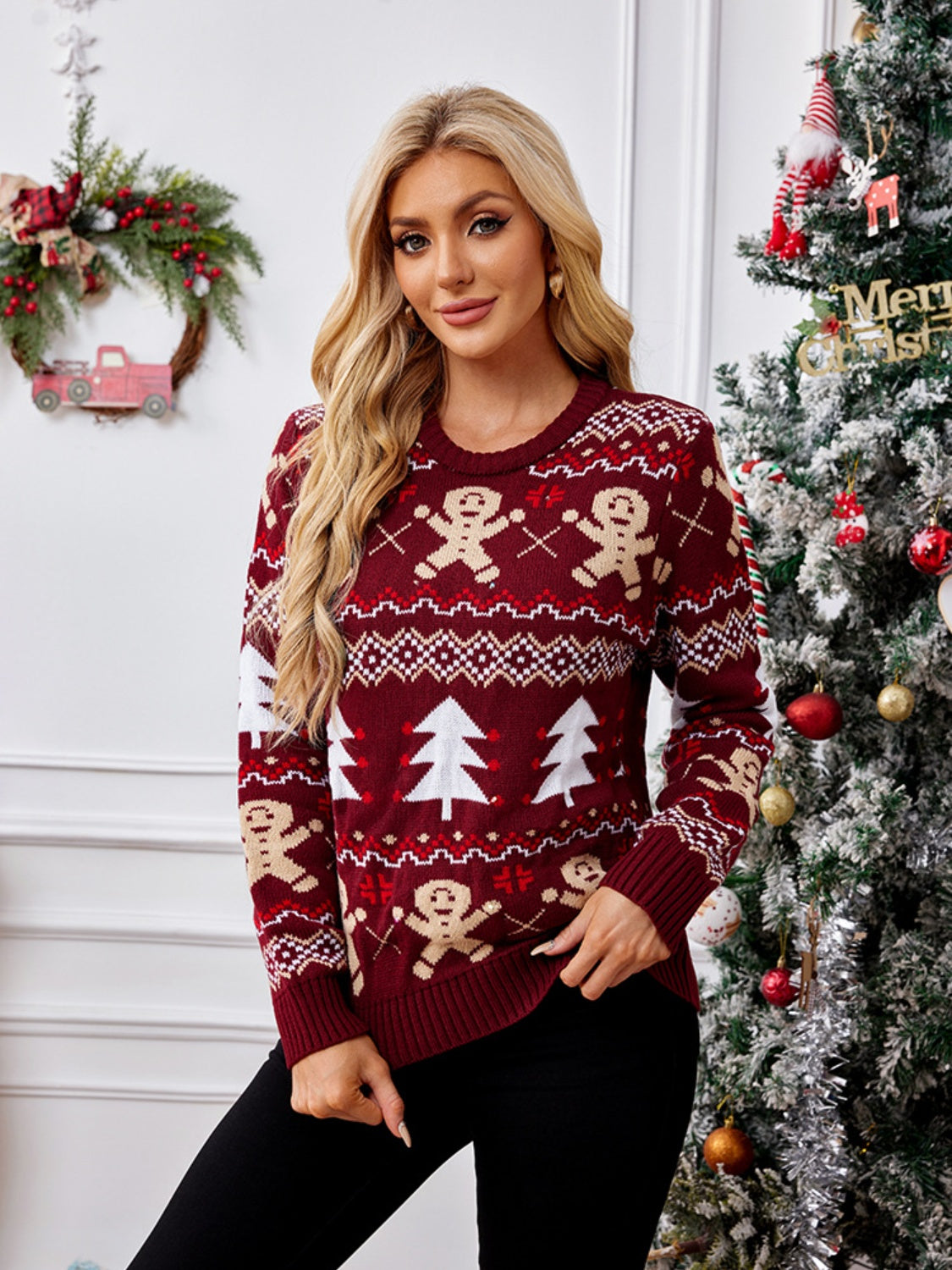 HY Gingerbread Round Neck Long Sleeve Christmas Sweater-up to 2XL