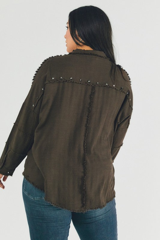 DAVI & DANI PLUS Distressed hem button down oversize shirt