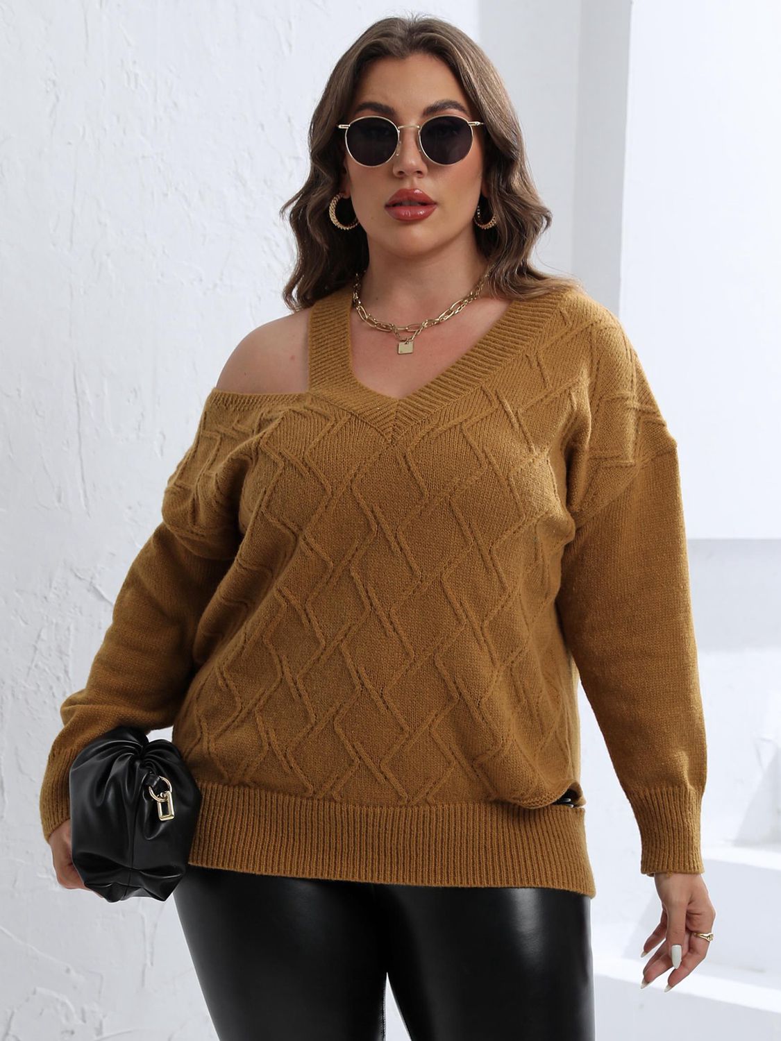 Plus Size Cutout V-Neck Knitted Sweater