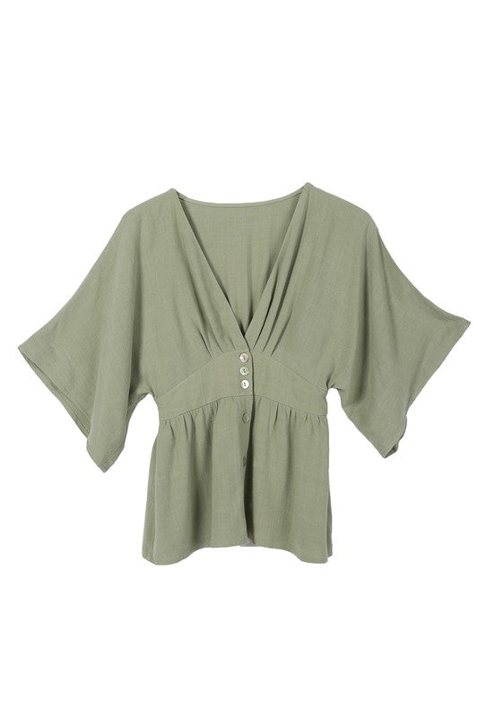 LILOU Deep V neck Sage Buttoned Top with Draped Sleeves