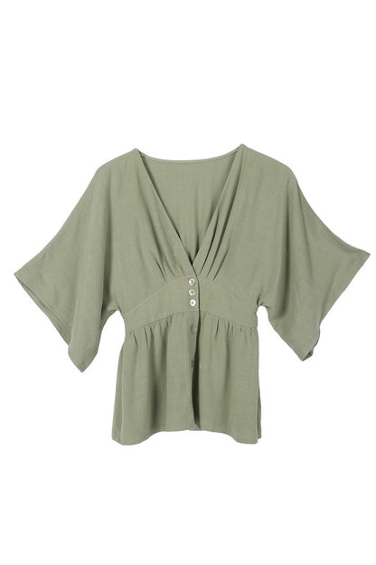 LILOU Deep V neck Sage Buttoned Top with Draped Sleeves