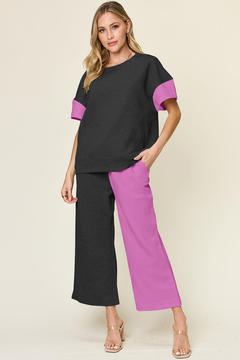 DOUBLE TAKE Full Size Texture Contrast T-Shirt and Wide Leg Pants Set