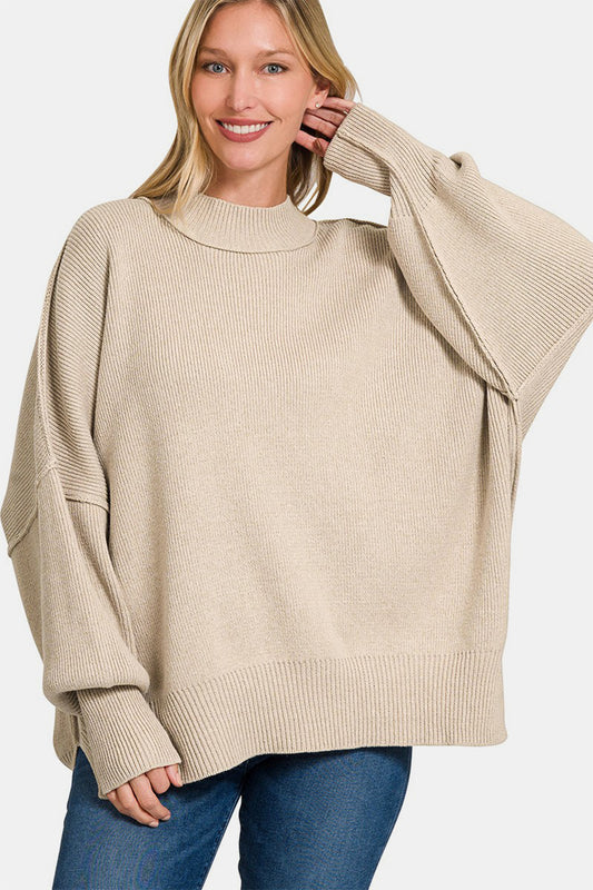 ZENANA Beige Side Sit Oversize Sweater