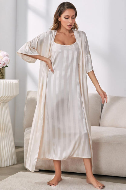 H2J Striped Flounce Sleeve Open Front Robe and Cami Pajama Dress Set