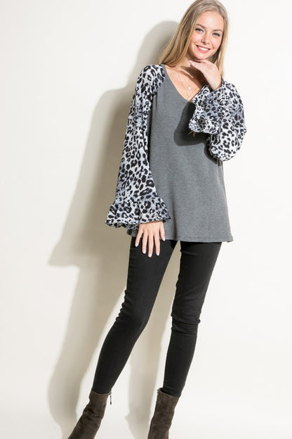 E LUNA Solid Top with Cheetah Print Sleeves