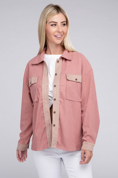 NUVI APPAREL Two-Tone Pink Flap Pocket Shacket