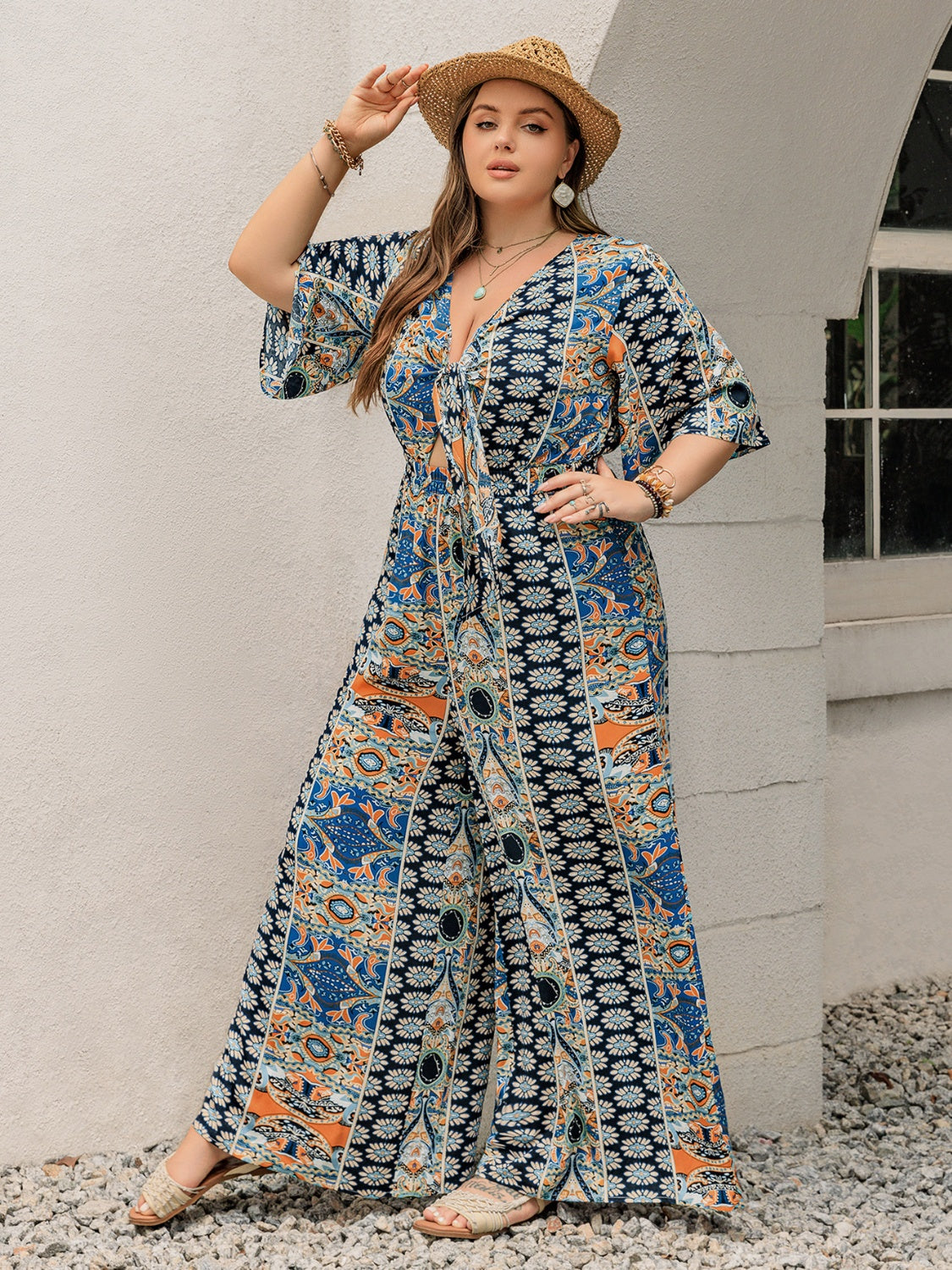 H.R.Z. Plus Size Printed Half Sleeve Wide Leg Jumpsuit