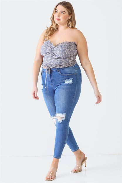 ZENOBIA Plus Size Drawstring Smocked Floral Tube Top