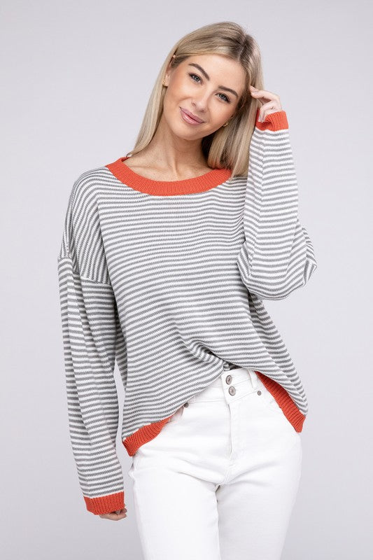 NUVI APPAREL Autumn Contrast Trimmed Striped Pullover Sweater