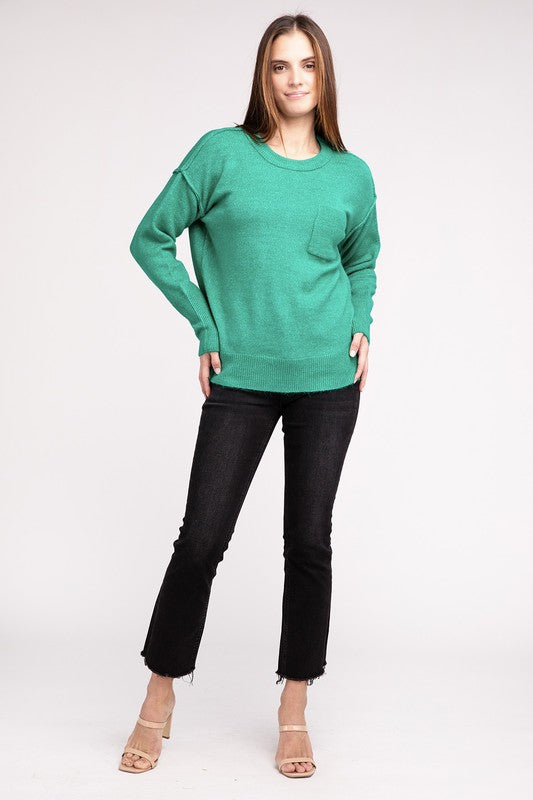 ZENANA Melange Hi-Low hem Round Neck Sweater