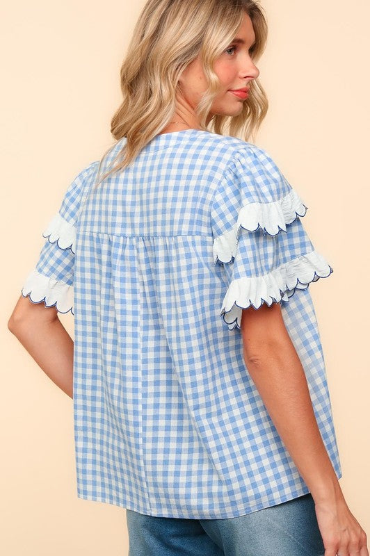 Haptics Women's Sky-Blue Full Size Plaid Scallop Hem Notched Short Sleeve Blouse