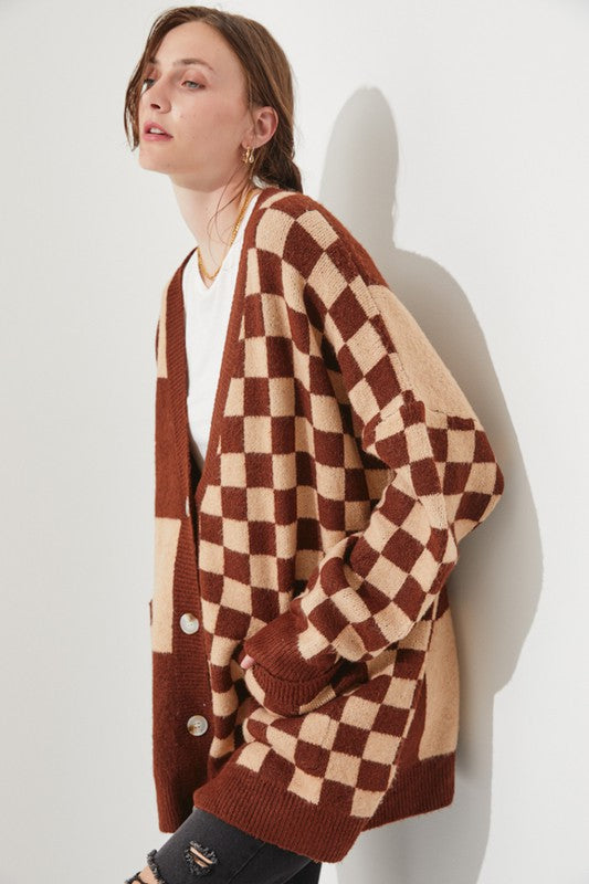 JADE by JANE Mocha/Beige Checkered Oversized Autumn Sweater cardigan