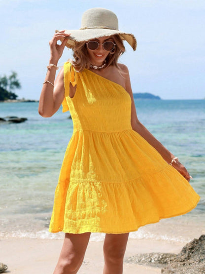 Yellow Tied Single Shoulder Mini Dress