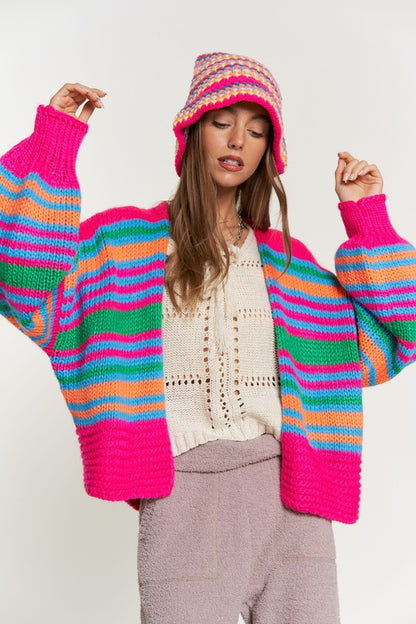 DAVI & DANI Chunky Knit Multi-Striped Open Sweater Cardigan