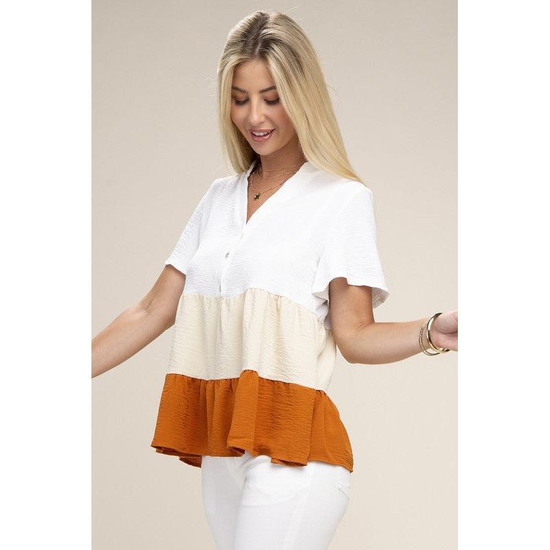 NUVI APPAREL Color Block Notched Neck Blouse