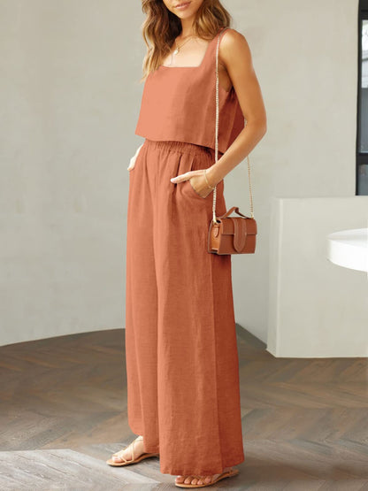 Stylish 2 Piece Square Neck Top and Wide Leg Pants Set