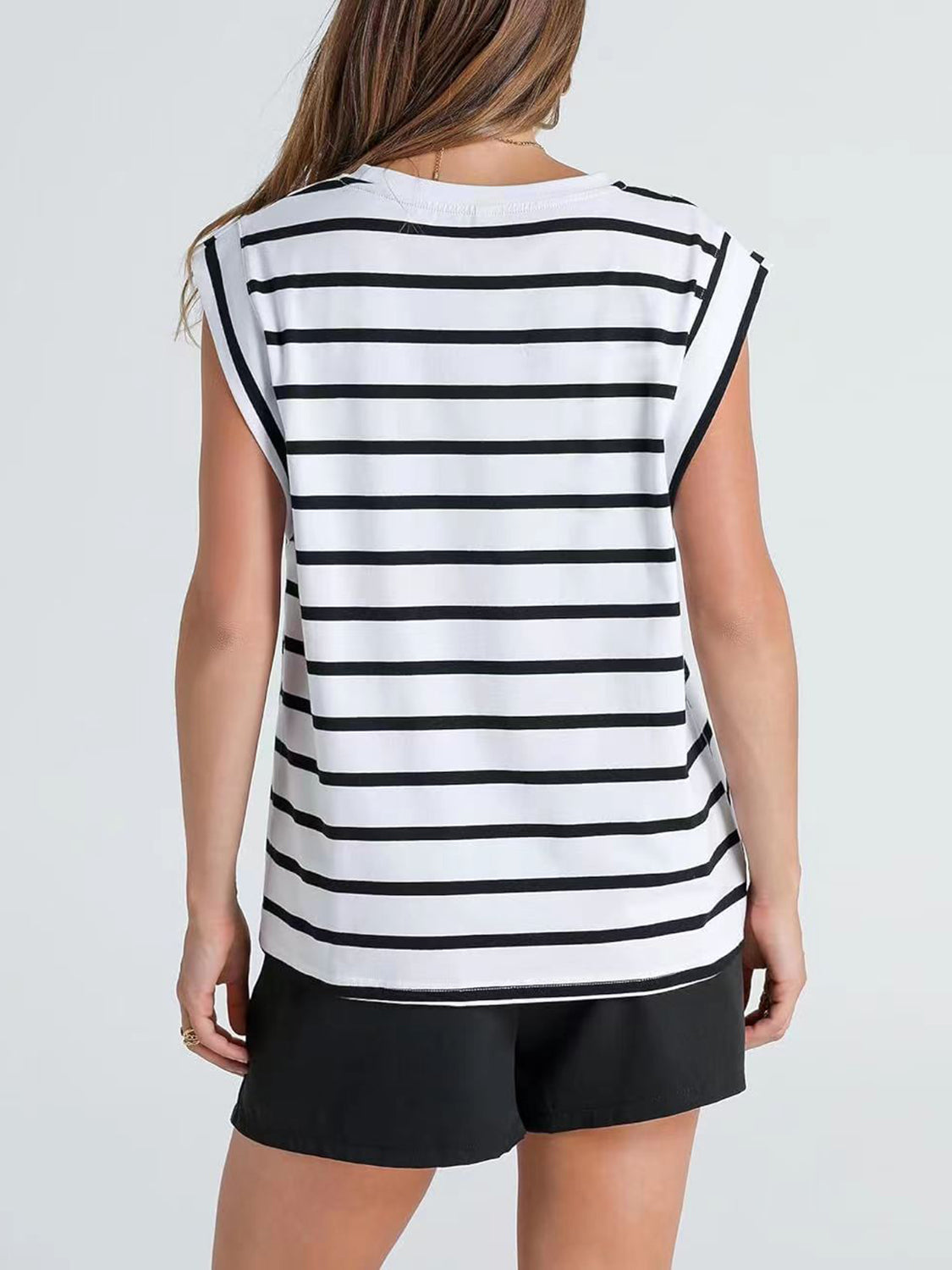 Striped Round Neck Cap Sleeve Sweater Top