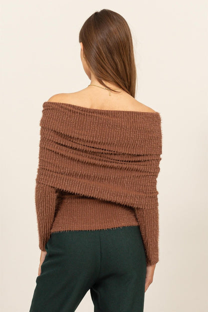 HYFVE Brown Fuzzy Off-the-Shoulder Textured Knit Top