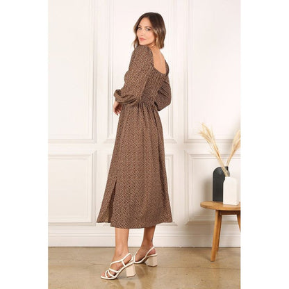 LILOU Square Neck Vintage Puffed Midi Dress