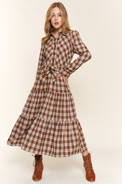 AND THE WHY Brown Plaid Tiered Midi Shirt Dress