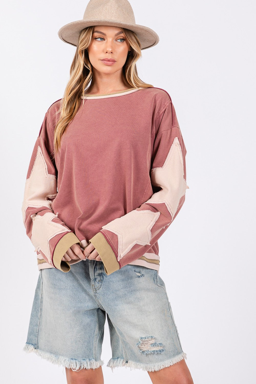 SAGE + FIG French Terry Star Applique Patch Sweatshirt in Magenta/Pink