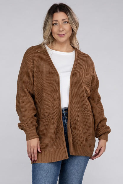 ZENANA Plus Low Gauge Waffle Open Cardigan Sweater