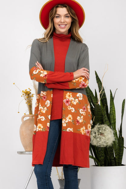 CELESTE Full Size Floral Color Block Open Front Cardigan