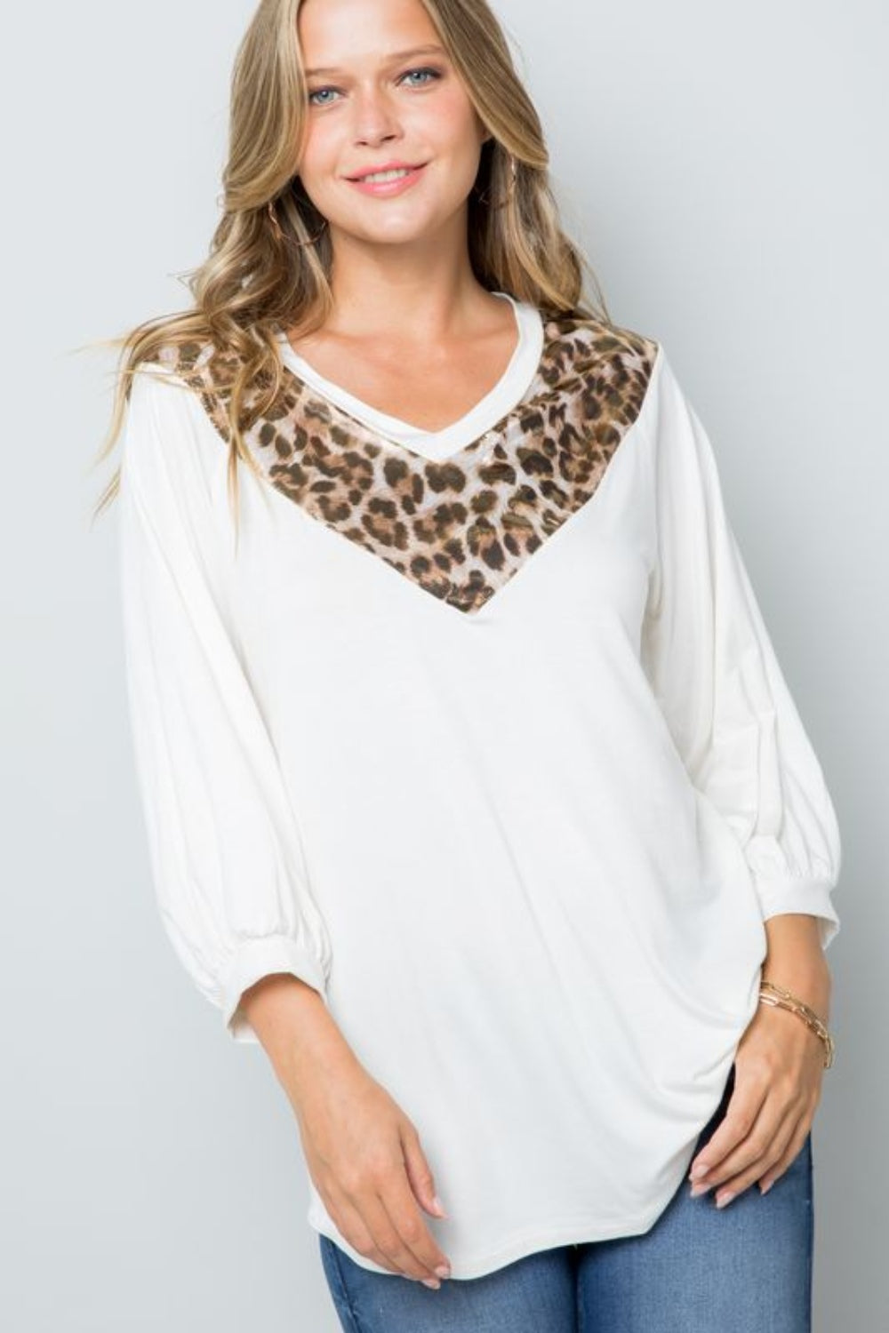 CELESTE Full Size Leopard Contrast Top with Balloon Sleeves