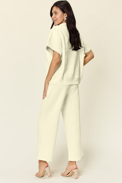 DOUBLE TAKE Full Size Texture Half Zip Short Sleeve Top and Pants Set