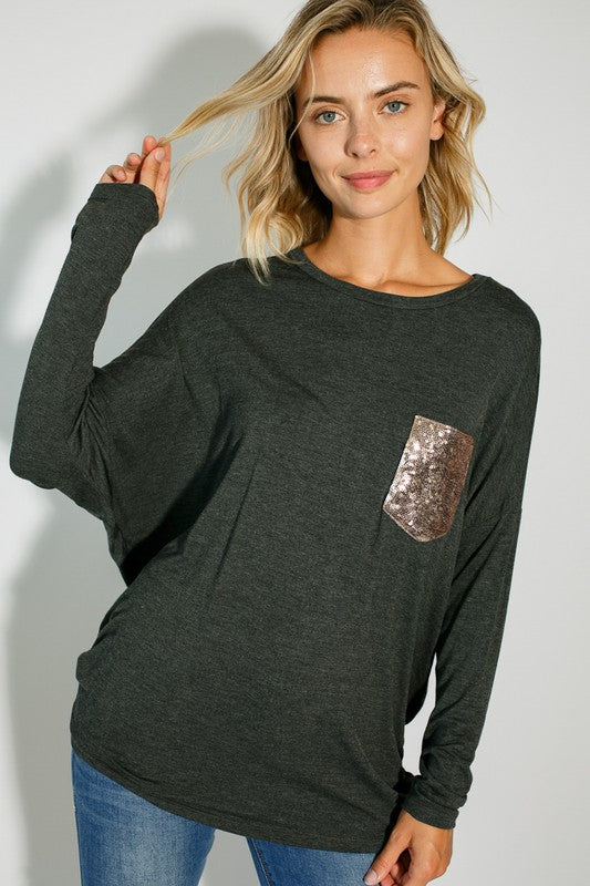 E LUNA Dolman Long Sleeves Top with Sequined Pocket