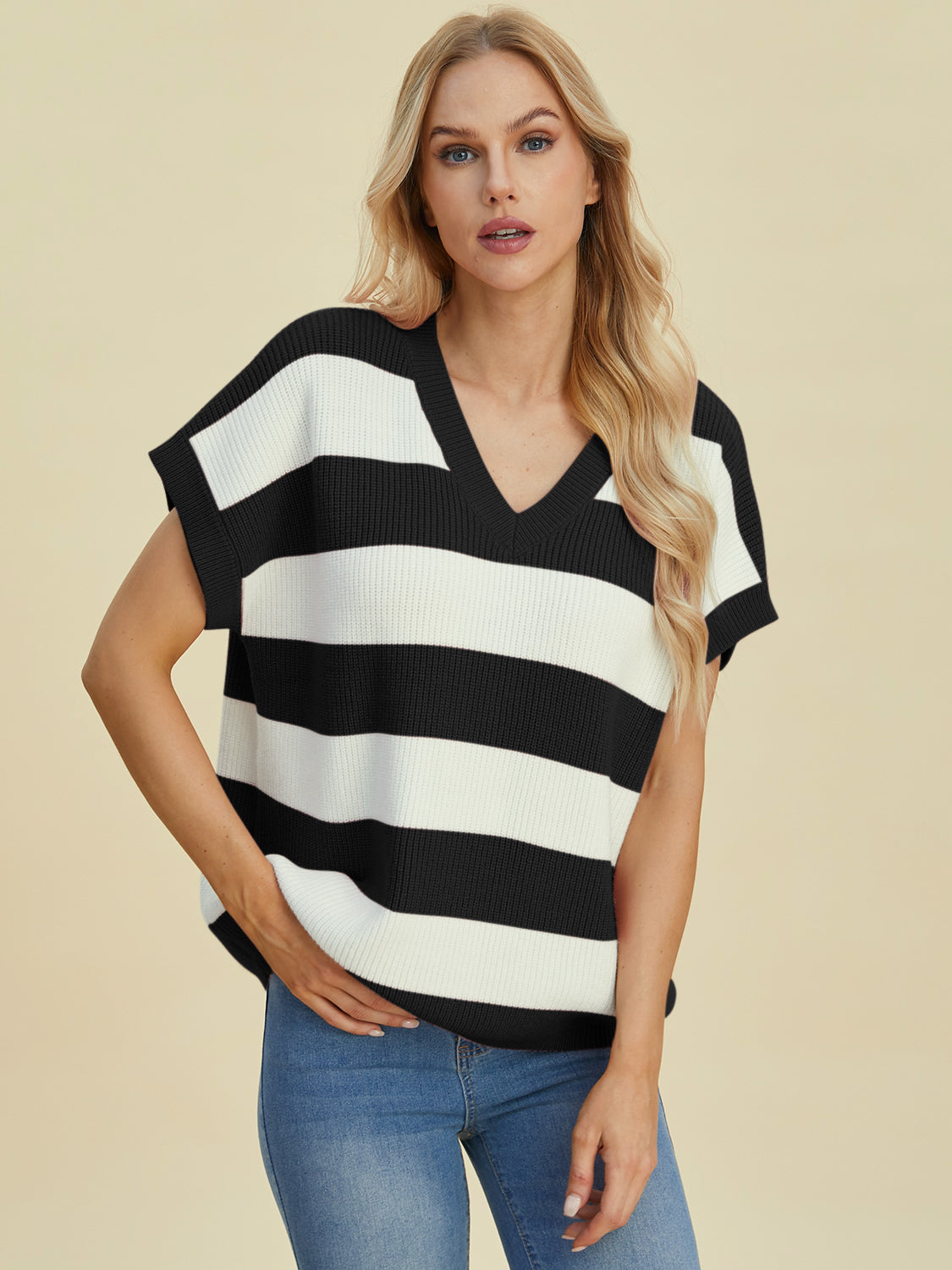 DOUBLE TAKE Full Size Striped V-Neck Short Sleeve Sweater