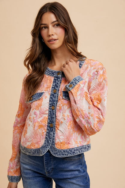 Annie Wear Women's Coral Combo Floral Jacquard Denim Contrast Jacket