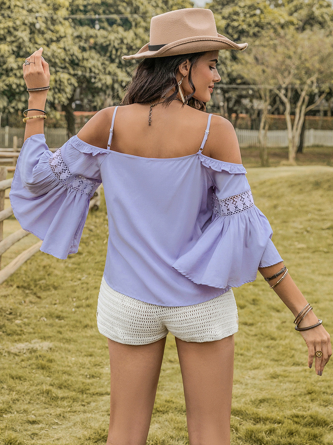 Blue Purple Casual Boho Square Collar Flare Sleeve Top