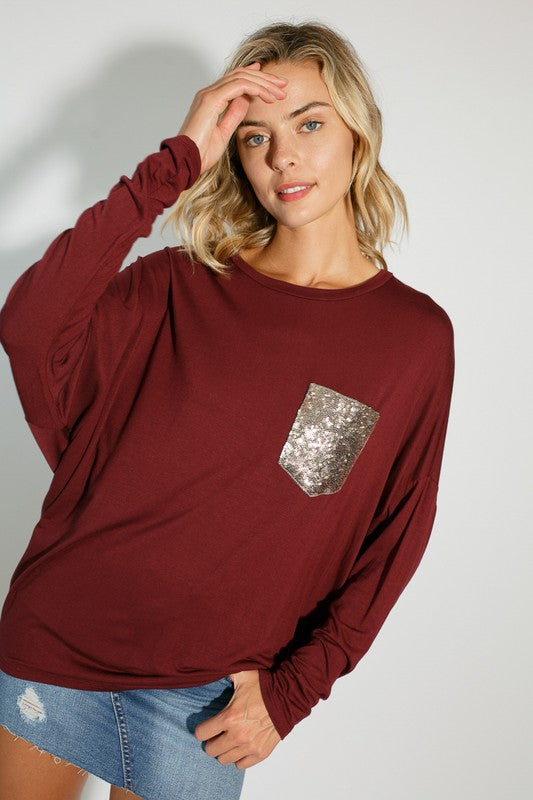 E LUNA Dolman Long Sleeves Top with Sequined Pocket