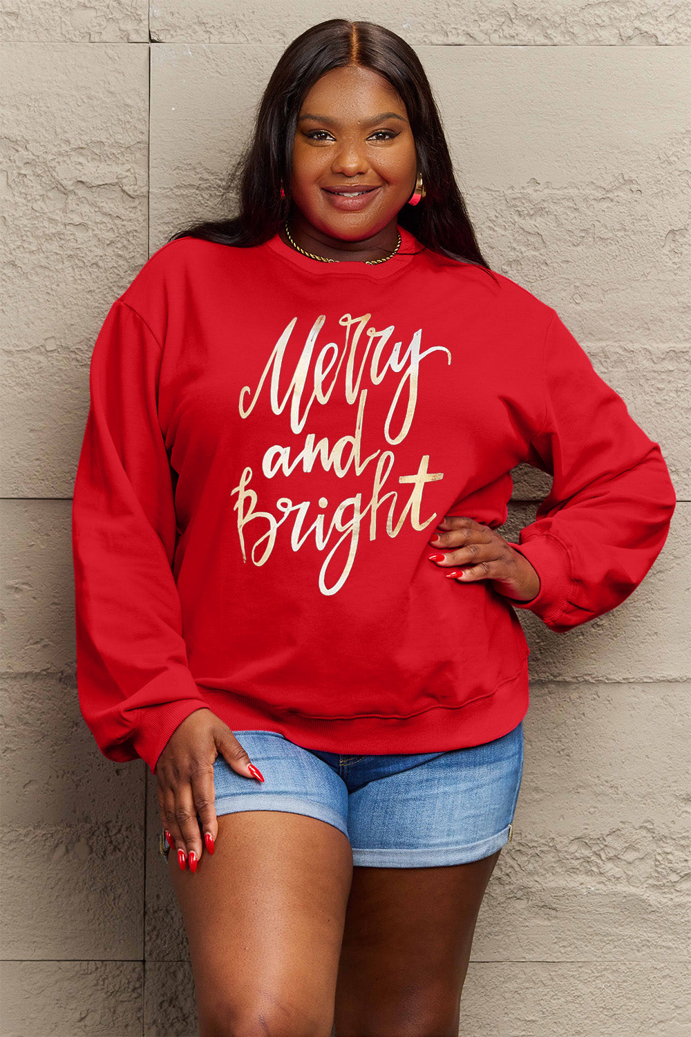 SIMPLY LOVE Full Size "MERRY AND BRIGHT" Graphic Sweatshirt