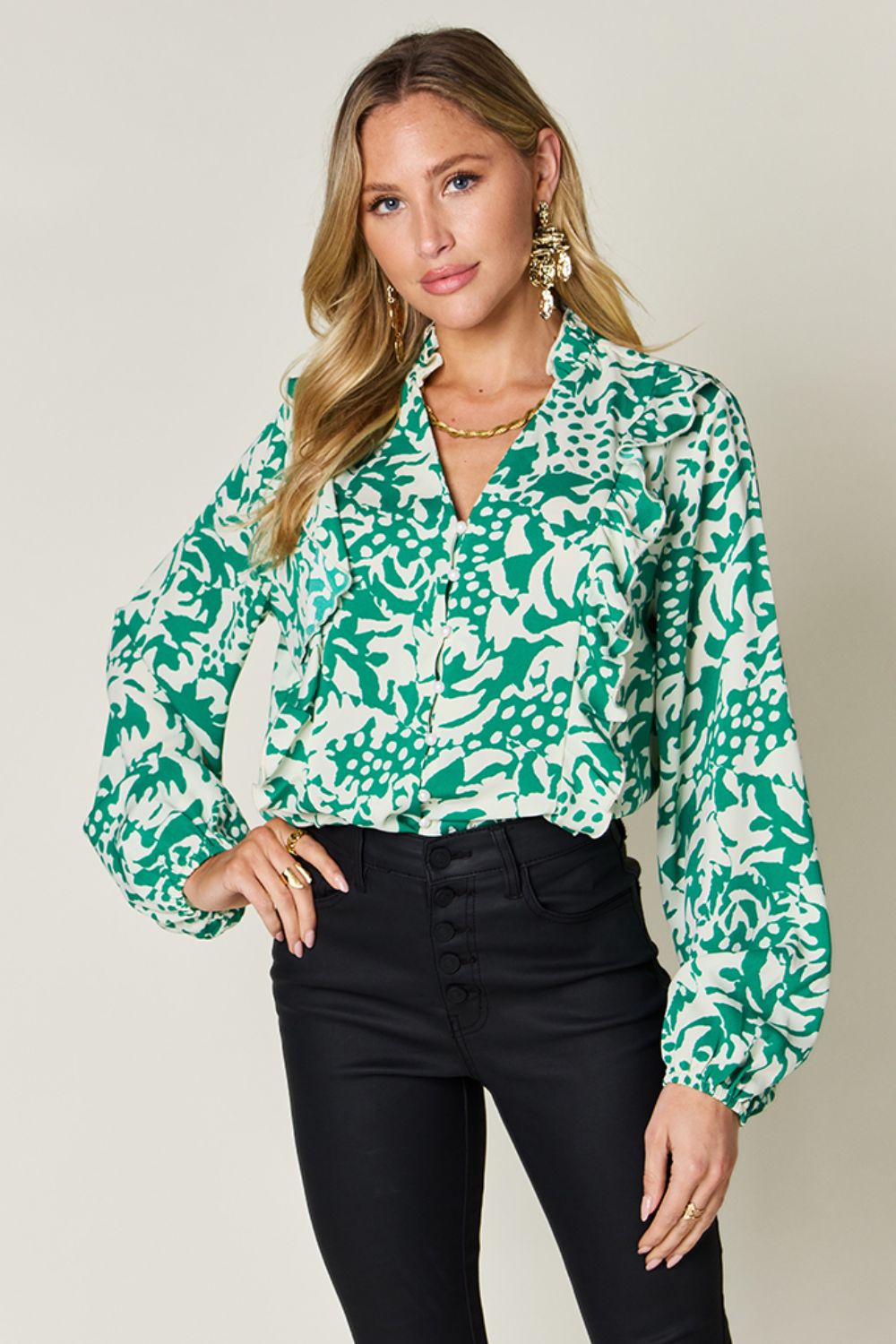 DOUBLE TAKE Full Size Printed Ruffle Trim Balloon Sleeve Blouse