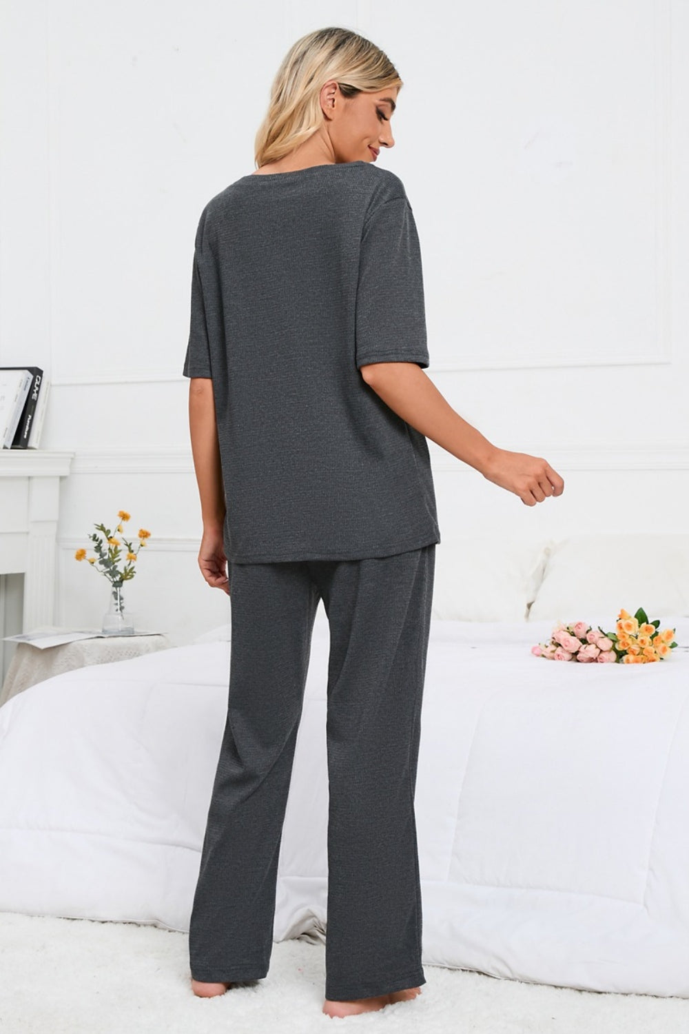 2 Piece Dark Grey Slit Round Neck Top and Pants Lounge Set