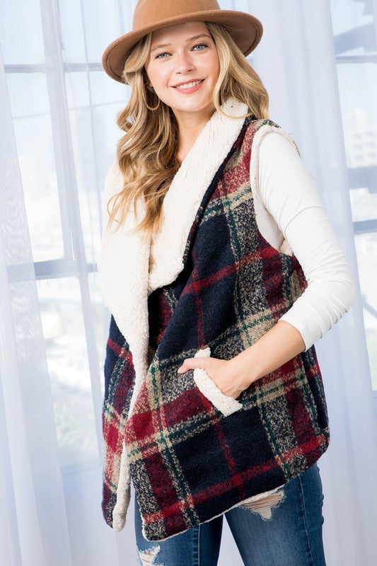 E LUNA Warm Sherpa Fur Plaid Vest