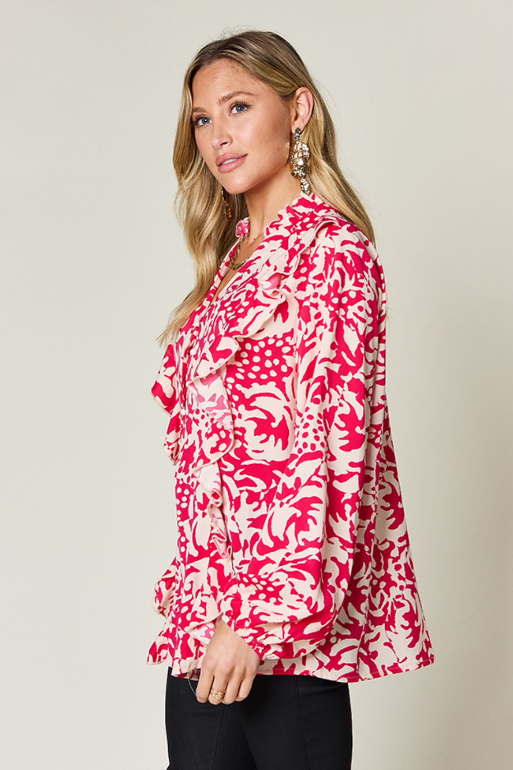 DOUBLE TAKE Full Size Printed Ruffle Trim Balloon Sleeve Blouse