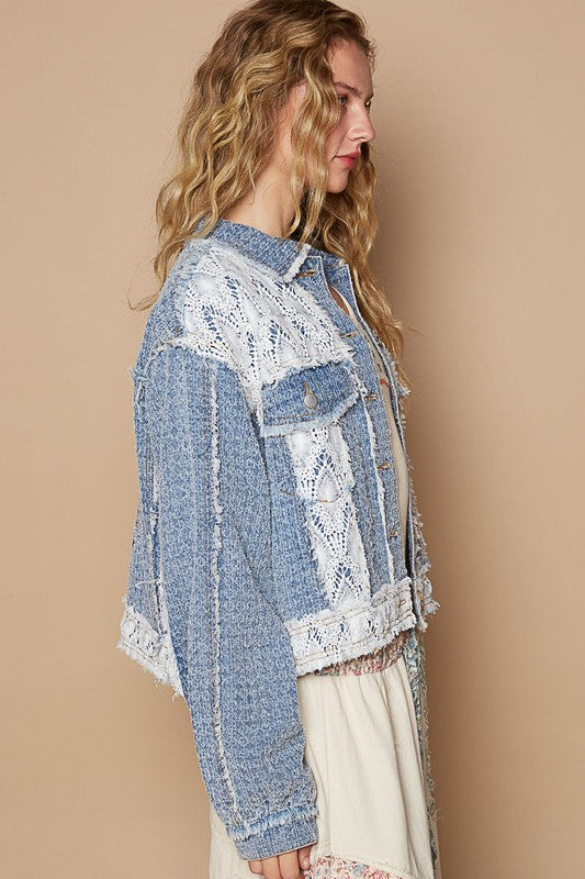 POL Women's Dusty Blue Crochet Patch Embroidered Button Up Jacket