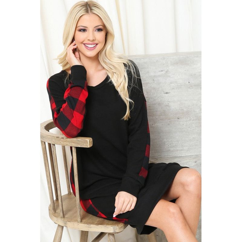 ACTING PRO Plus Plaid Solid Contrast Long Sleeve Midi Dress