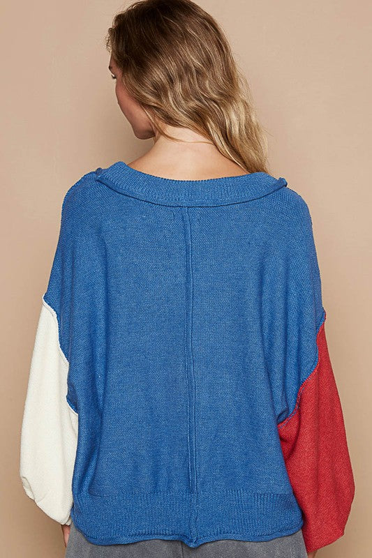 POL Women's Royal Blue Sweater with Exposed Seam Contrast V-Neck Lantern Sleeve