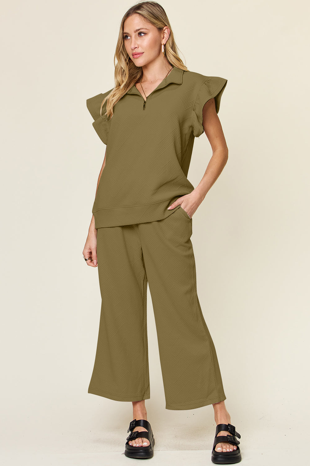 DOUBLE TAKE Texture Ruffle Short Sleeve Top and Drawstring Wide Leg Pants Set